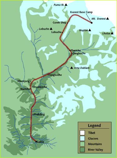 map showing route from Lukla to Everest Base Camp