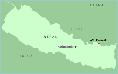 Map showing Nepal's location between India and Tibet, with Tibet bordering China, and the locations of Kathmandu and Mt. Everest within Nepal