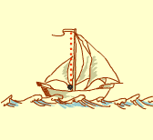 Boat diagram: side view of a sailboat with a ball that has fallen to the boat’s deck; a dotted line traces out its path relative to the mast