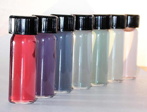 Vials of different-sized, and therefore different-colored, nanoshells from Halas's lab