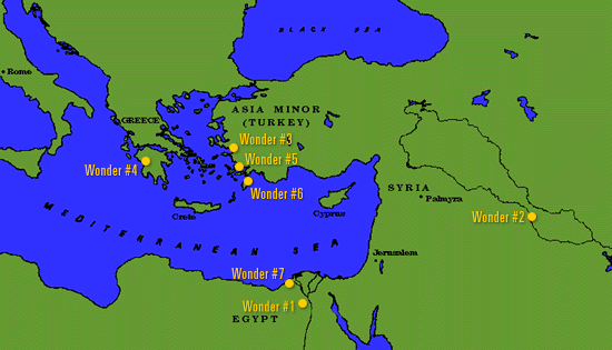 map of mediterranean/black sea area, with locations of wonders #1-7 marked.