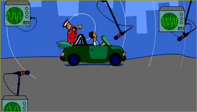 Illustration: car with trumpeter, and microphones positioned around displaying waveforms