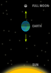 Diagram: Earth/moon/sun system with moon opposite Earth and in line with sun, and Earth/moon/sun system with Earth opposite moon and in line with sun