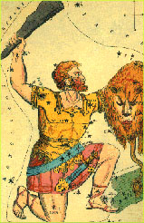 Old drawing of Orion (the person) with Orion (the constellation) superimposed